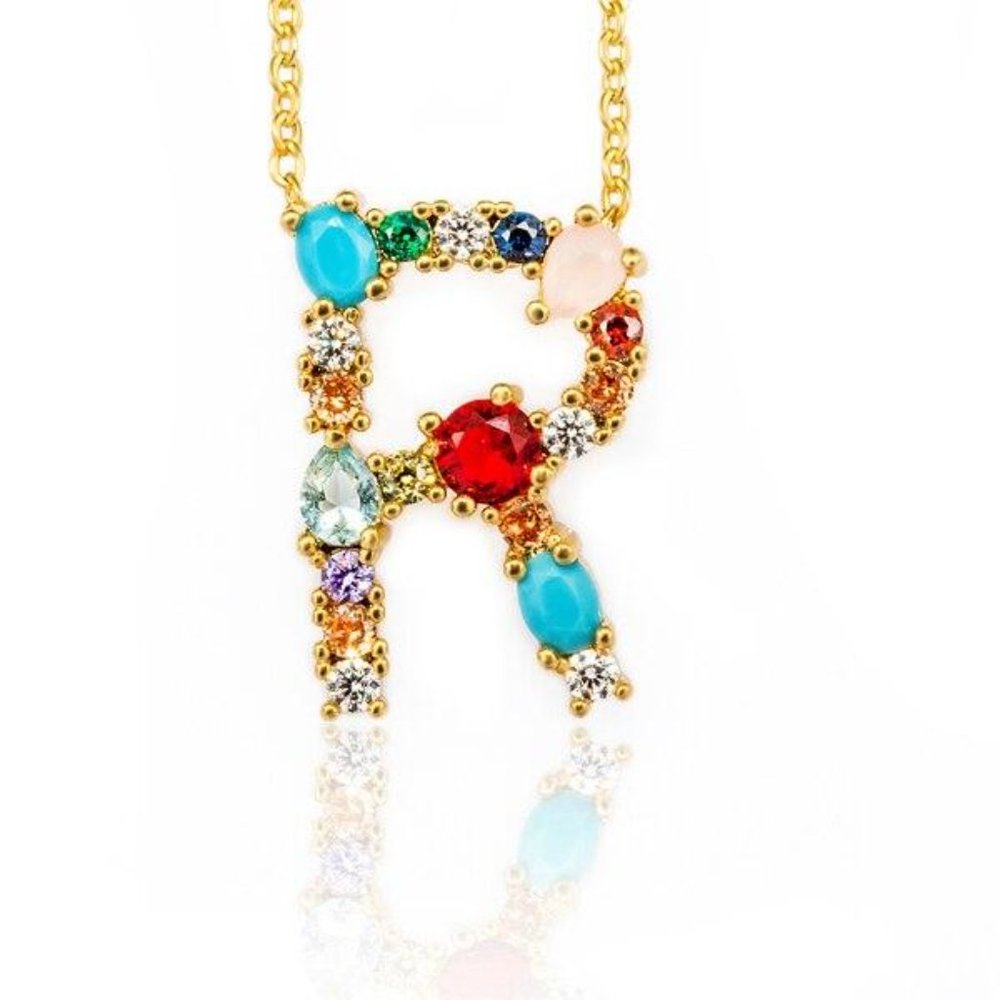 Bejeweled R Initial Pendant Necklace